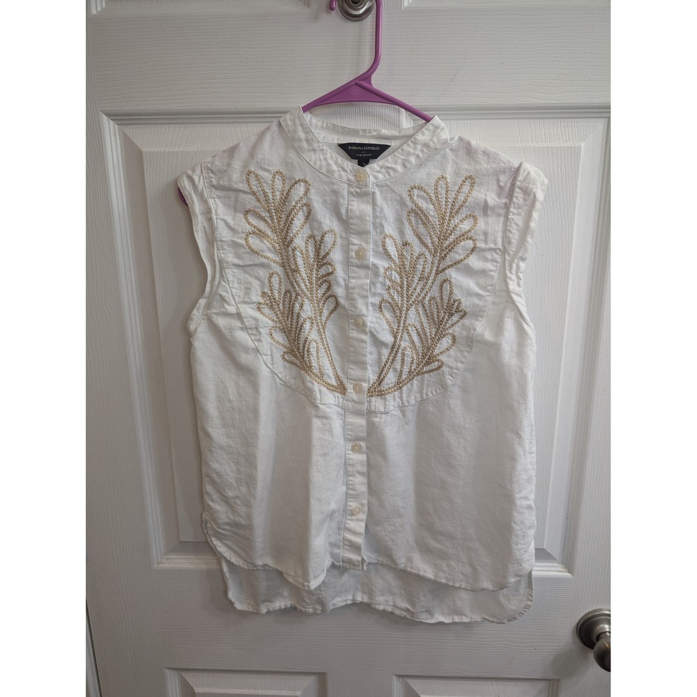 Banana Republic Blouse‎ Women Linen Blend Embroidered Sleeveless - Size S